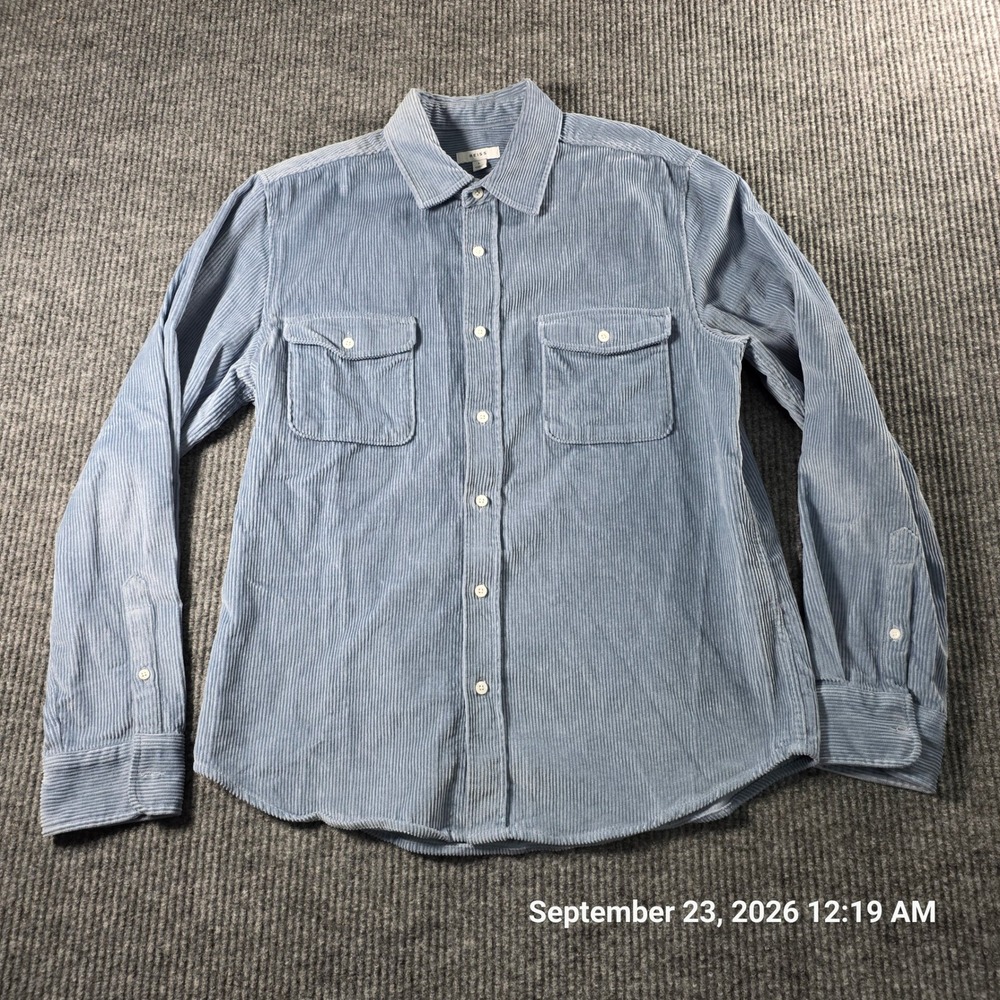 Reiss Mens Light Blue Corduroy Button Down Shirt Two Pocket Long Sleeve Large